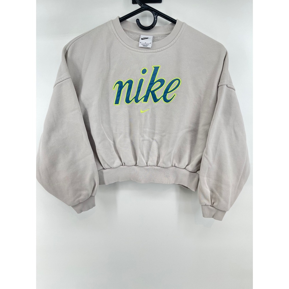 Nike Cropped Sweatshirt Womens M Grey Excellent Embroidered Logo Balloon Sleeve